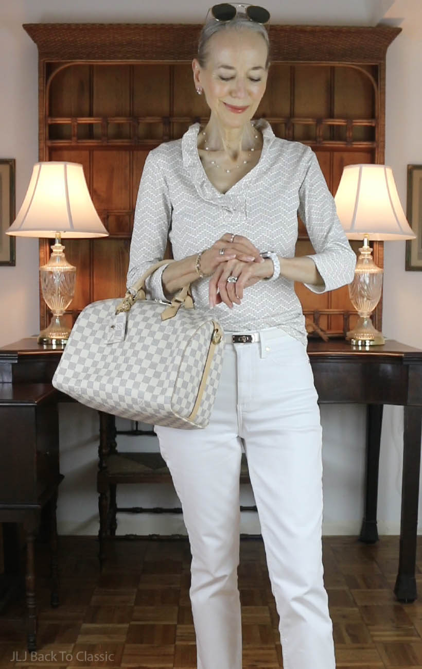louis-vuitton-damier-azur-bandouliere-speedy-30-white-jeans-beige-ruffle-top-6