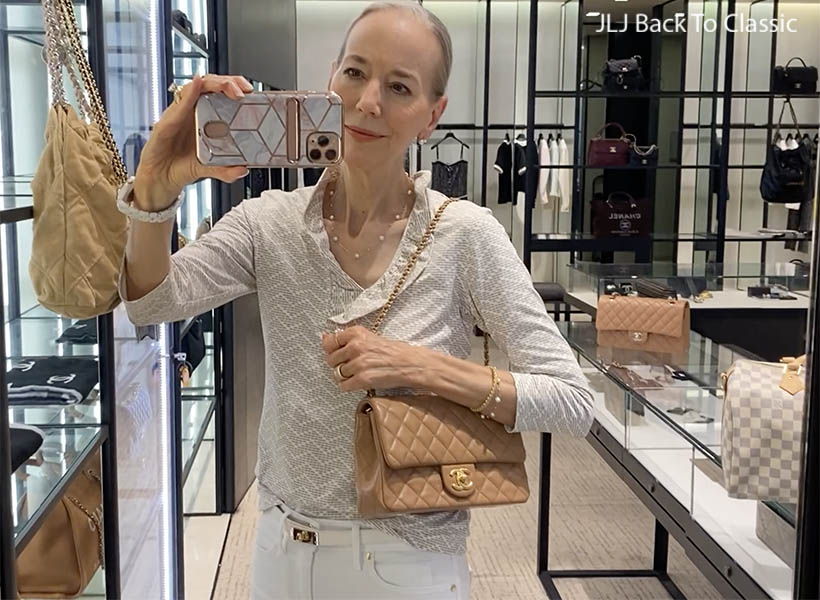 vlog-chanel-beige-lambskin-flap-bag-try-on-saks-fifth-avenue-naples-3b