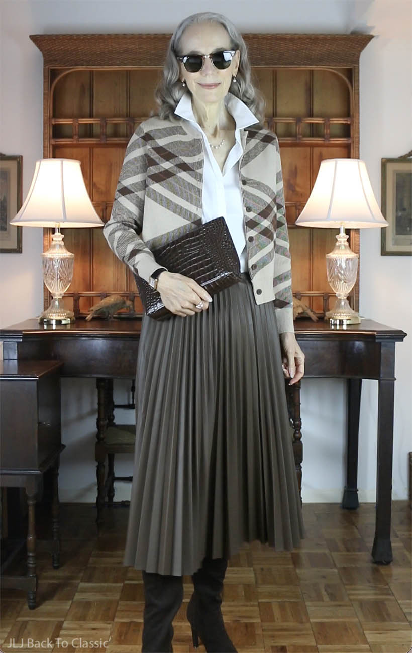 timeless-style-over-60-brown-plaid-cardigan-brown-pleated-skirt-boots-6