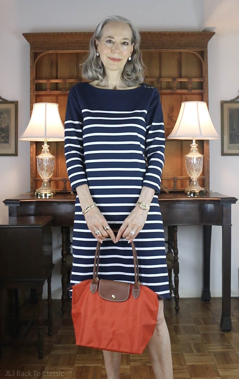 longchamp-original-le-pliage-medium-tote-poppy-J.Mclaughlin-navy-stripe-shift-dress-2