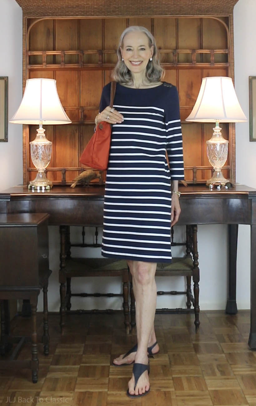 longchamp-original-le-pliage-medium-tote-poppy-J.Mclaughlin-navy-stripe-shift-dress-3