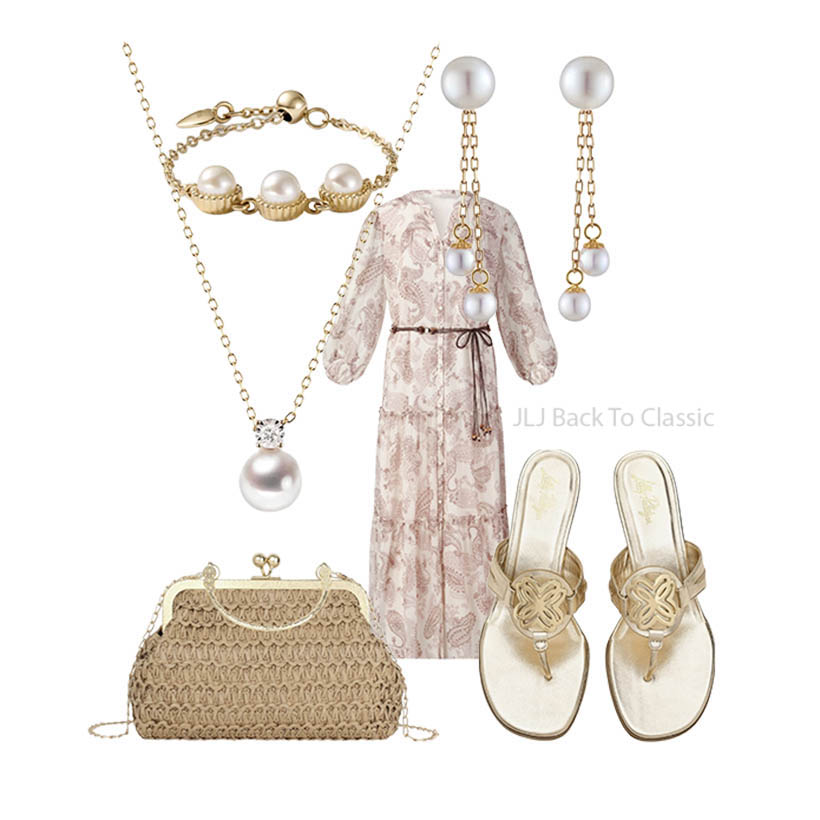 pink-paisley-print-silk-midi-dress-pearl-jewelry-outfit