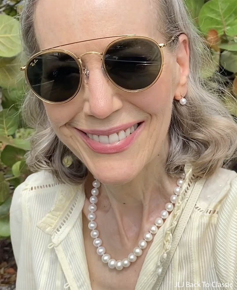 timeless-style-florida-granfuencer-janis-lyn-johnson-ray-ban-gold-double-bridge-sunglasses