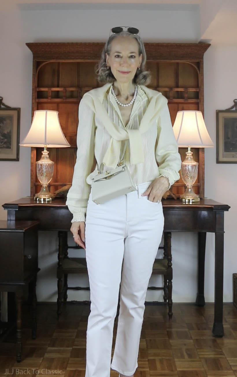 yellow-cashmere-sweater-peasant-blouse-white-jeans-classic-mini-tophandle-bag-pearls-2