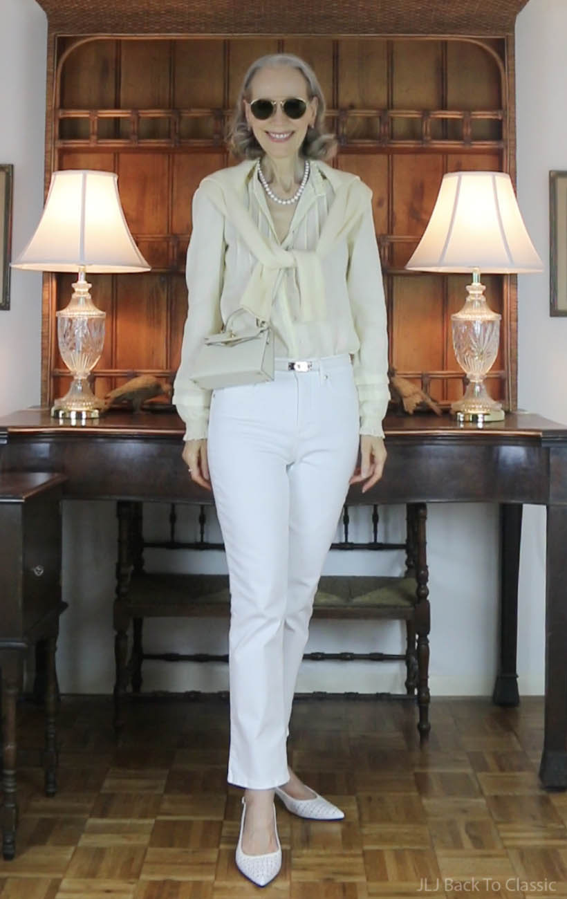 yellow-cashmere-sweater-peasant-blouse-white-jeans-classic-mini-tophandle-bag-pearls-6