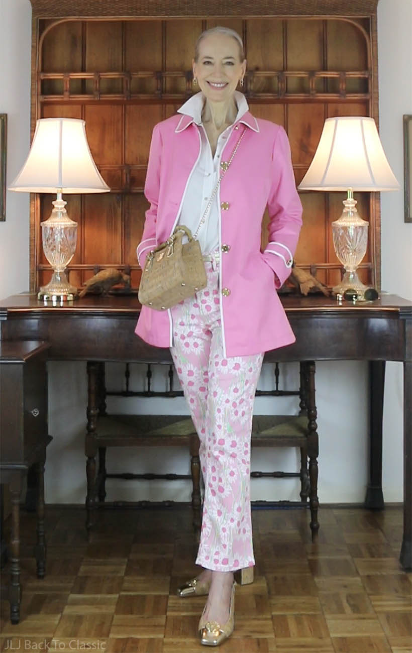 classic-florida-preppy-lilly-pulitzer-pink-jacket-printed-jeans-white-shirt-jljbackktoclassic