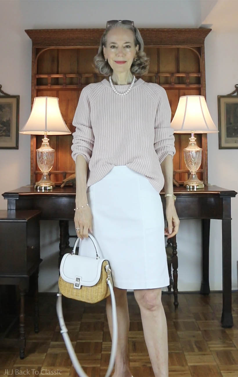classic-style-quince-pink-tee-pink-fisherman-sweater-white-skirt-wicker-bag-5