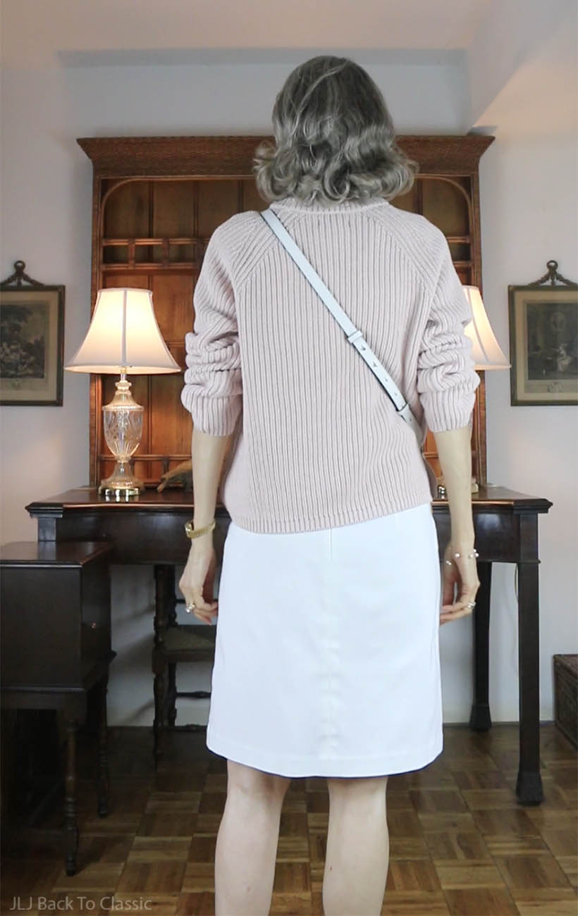 classic-style-quince-pink-tee-pink-fisherman-sweater-white-skirt-wicker-bag-6