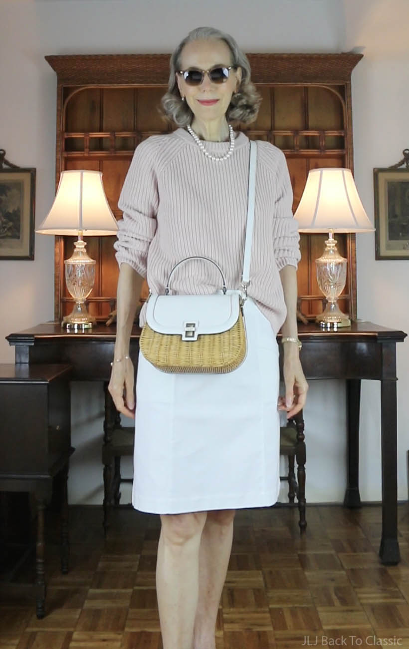 classic-style-quince-pink-tee-pink-fisherman-sweater-white-skirt-wicker-bag-7