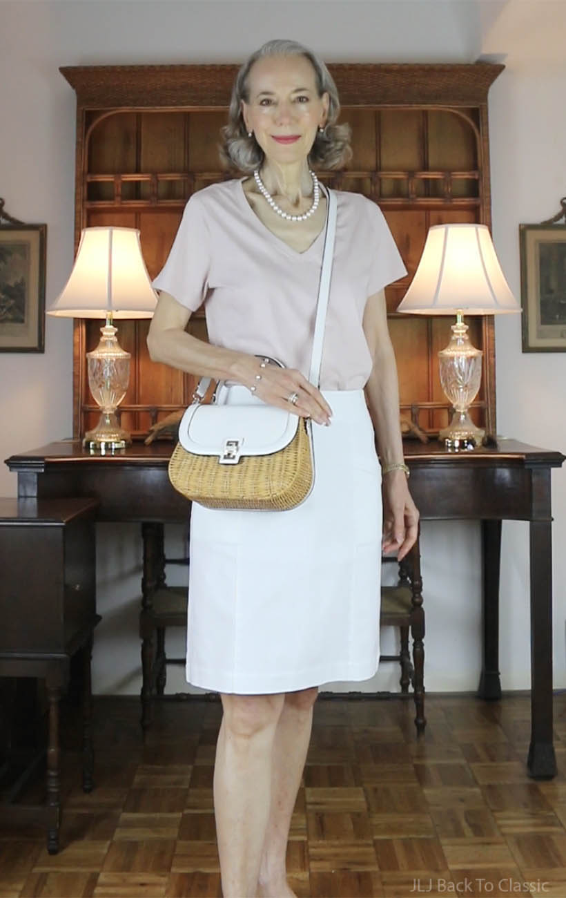 classic-style-quince-pink-tee-white-skirt-wicker-bag-1