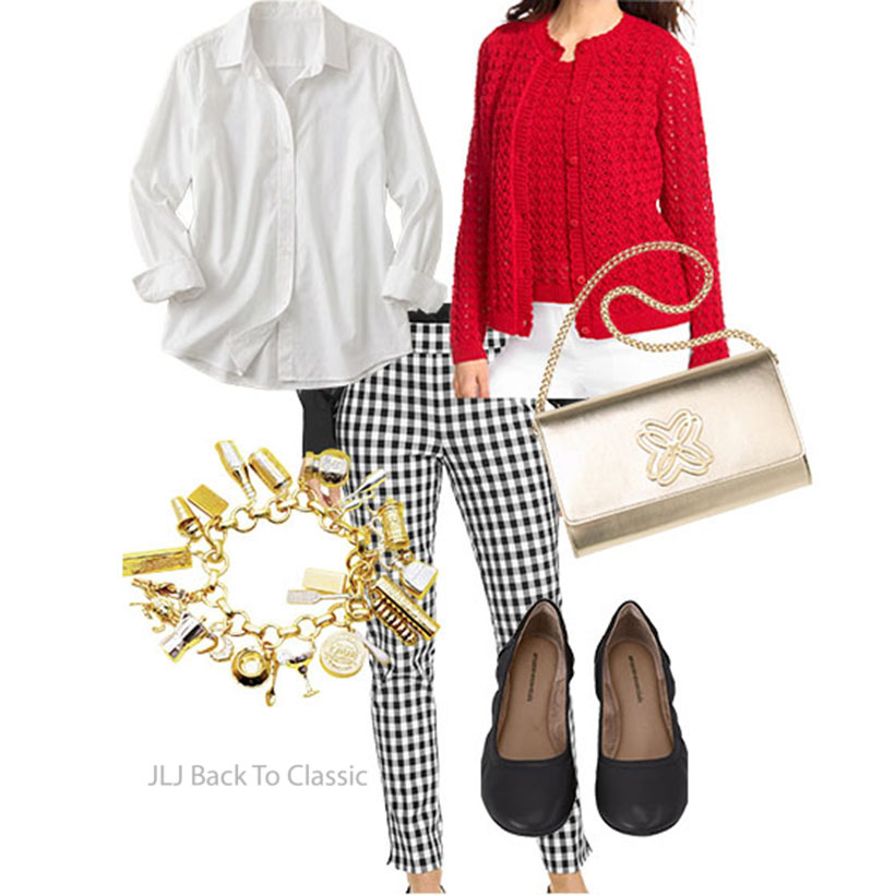 black-and-white-gingham-pants-red-cardigan-white-shirt-ootd
