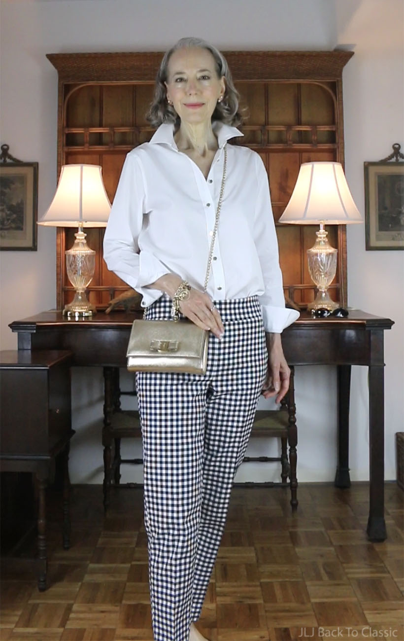 timeless-style-ferragamo-gold-vara-bow-bag-gingham-pants-button-up-shirt-2b