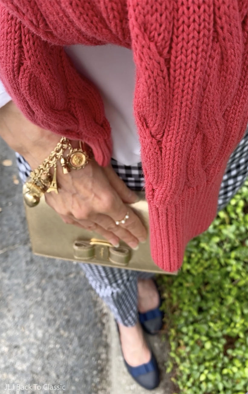 timeless-style-ferragamo-gold-vara-bow-bag-gingham-pants-red-cardigan-4