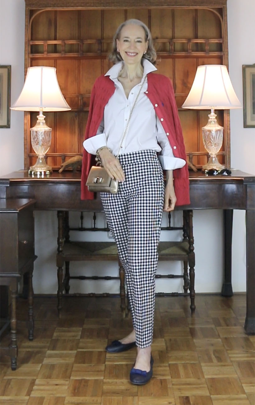 timeless-style-ferragamo-gold-vara-bow-bag-gingham-pants-red-cardigan-5