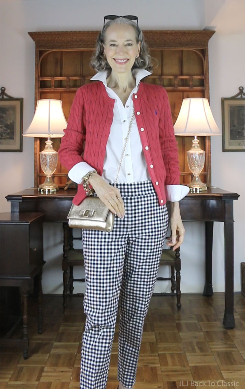 timeless-style-ferragamo-gold-vara-bow-bag-gingham-pants-red-cardigan-7