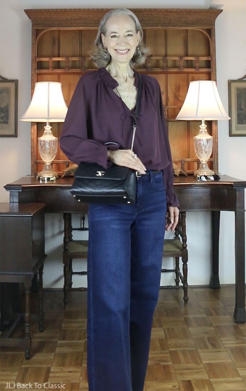 chanel-chevron-chic-tophandle-bag-plum-peasant-blouse-dark-wash-jeans-1