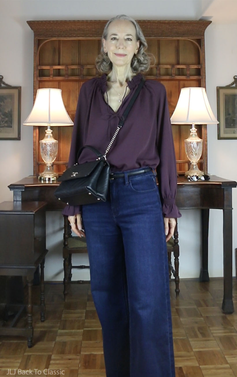 chanel-chevron-chic-tophandle-bag-plum-peasant-blouse-dark-wash-jeans-3.